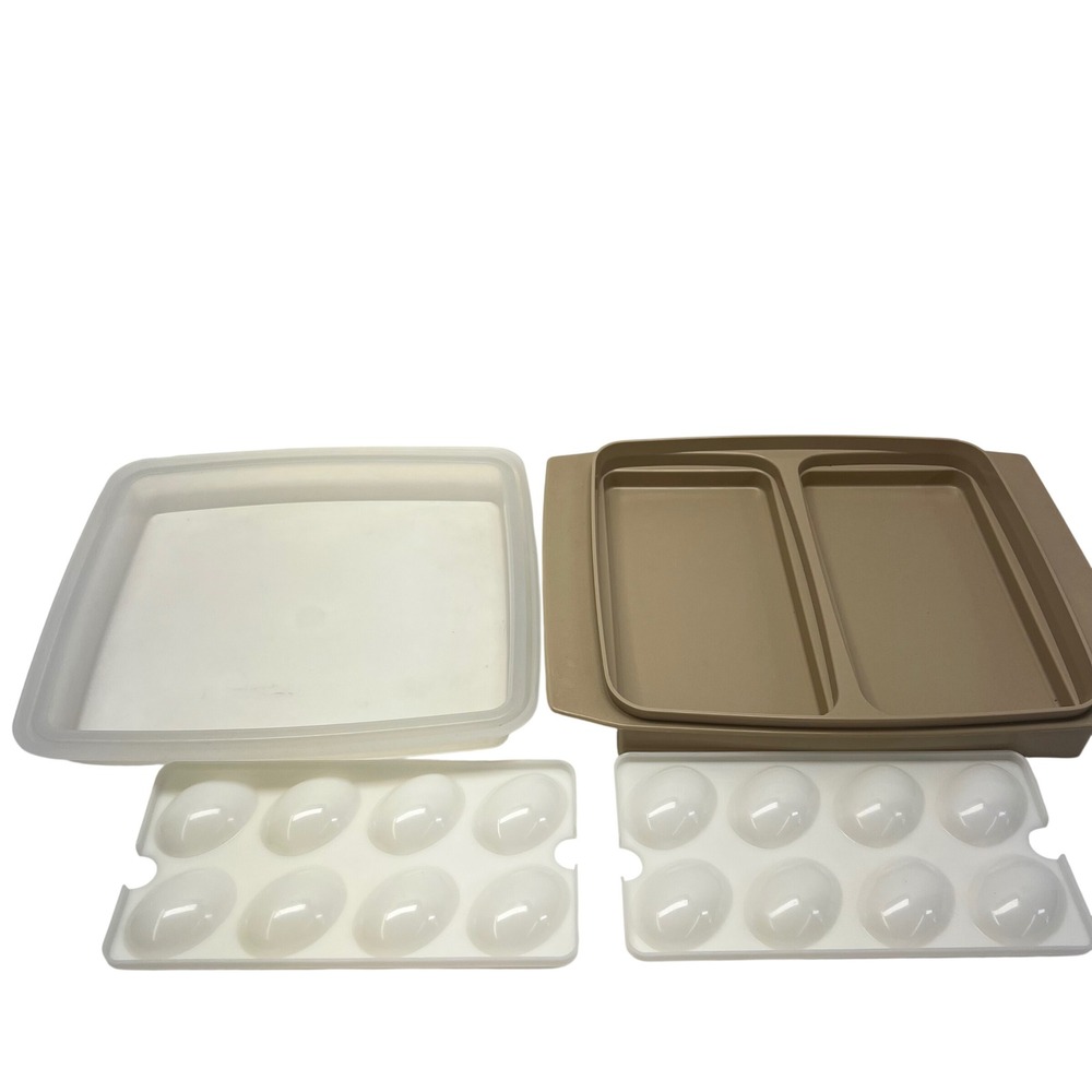 VTG Tupperware‎ Divided Tray Container Lid Egg Holders Tan USA 723 722 665